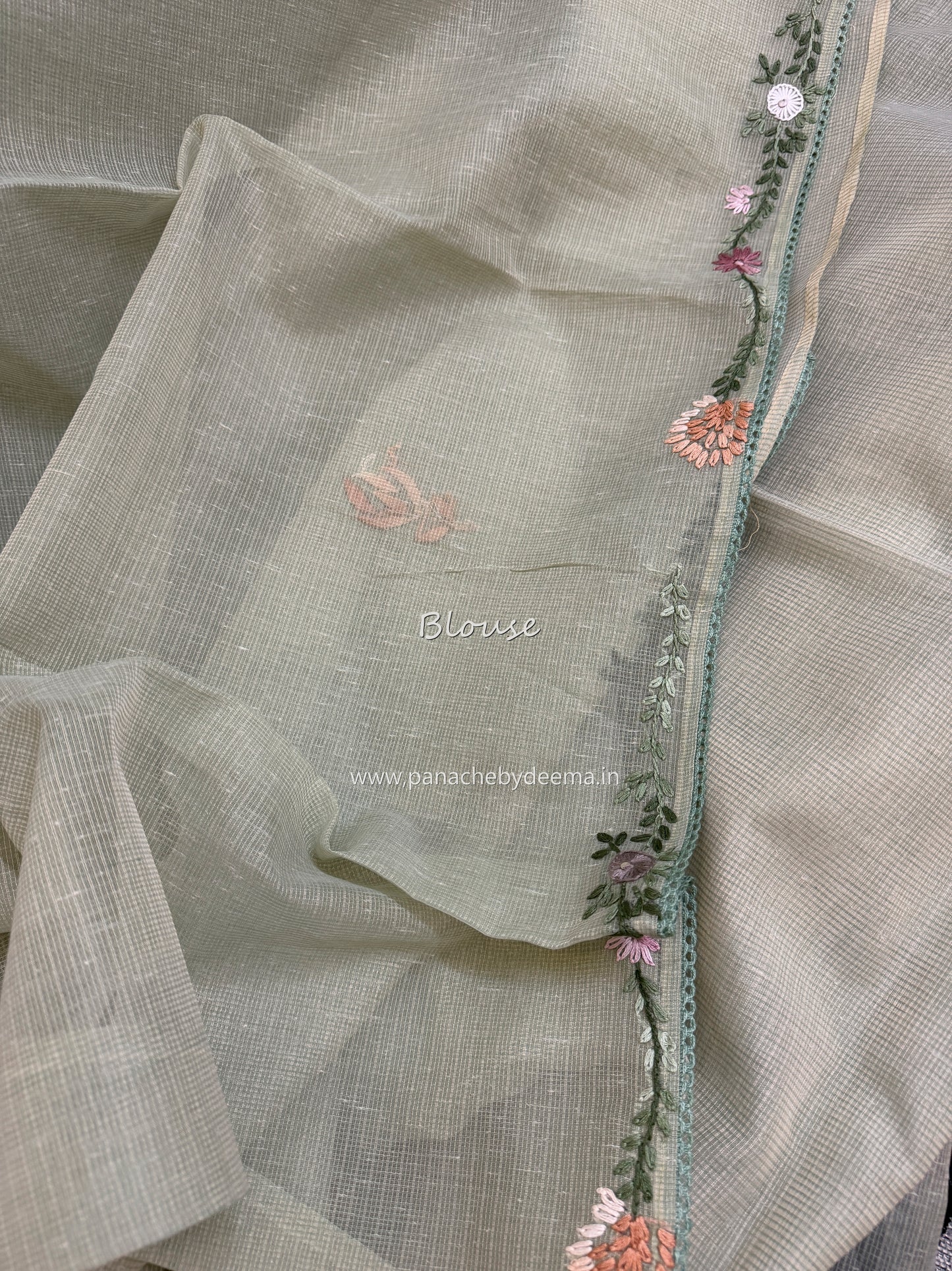 Linen kota saree with hand embroidery and lace edges | Green | LK4