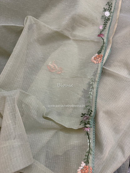 Linen kota saree with hand embroidery and lace edges | Green | LK4