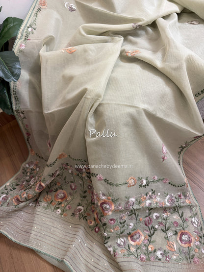 Linen kota saree with hand embroidery and lace edges | Green | LK4