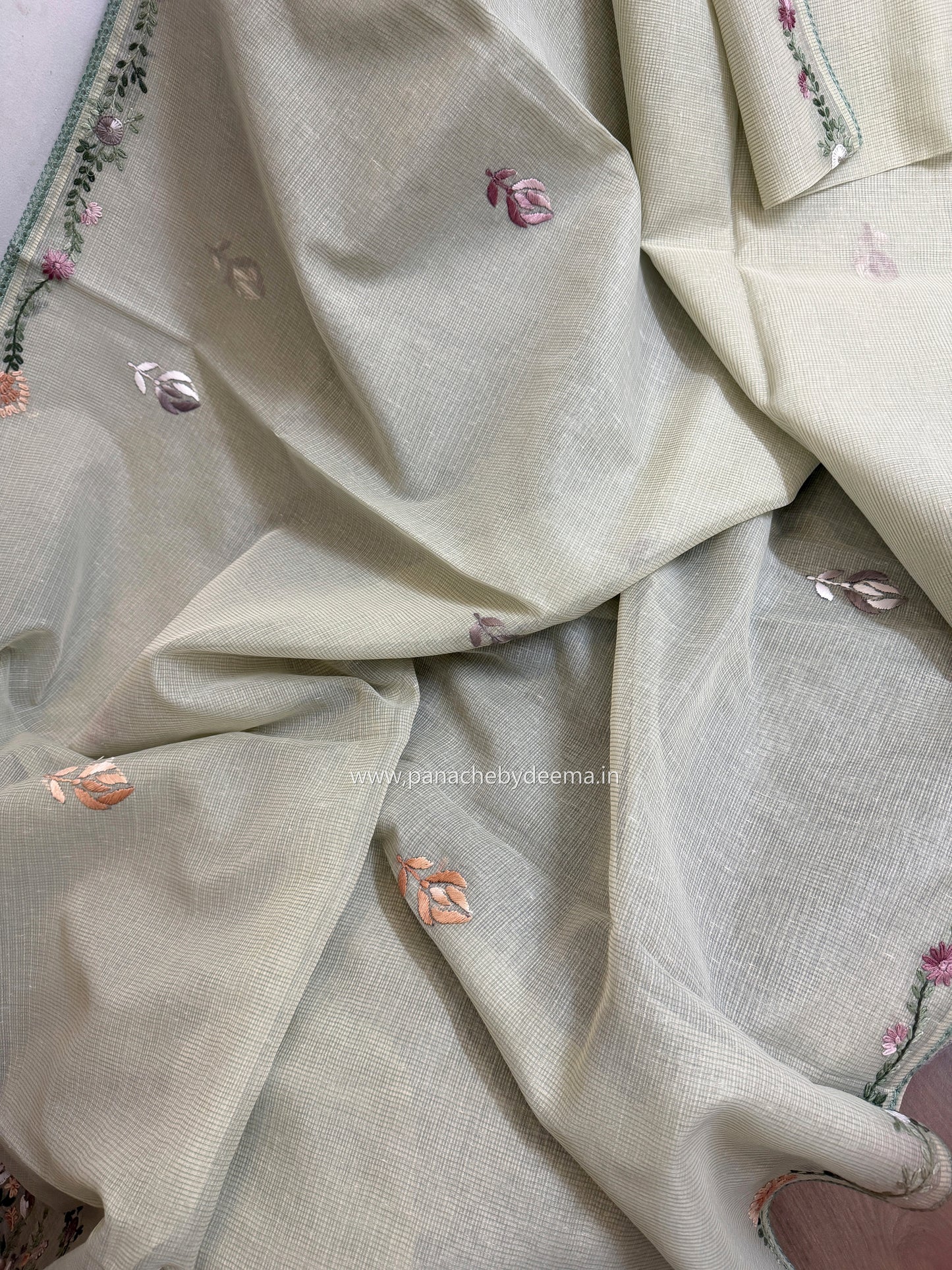 Linen kota saree with hand embroidery and lace edges | Green | LK4
