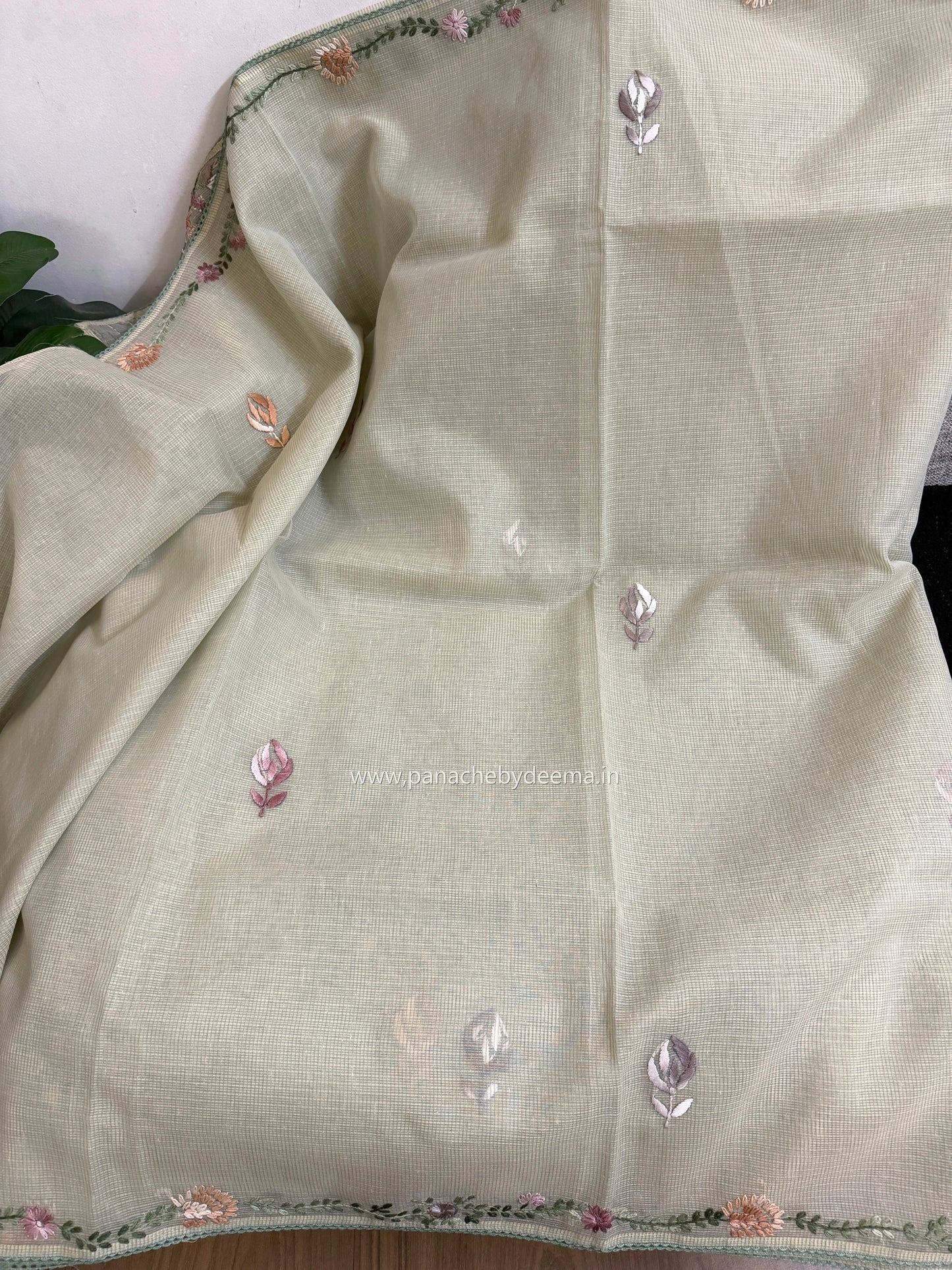 Linen kota saree with hand embroidery and lace edges | Green | LK4