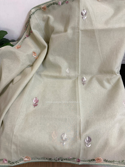 Linen kota saree with hand embroidery and lace edges | Green | LK4