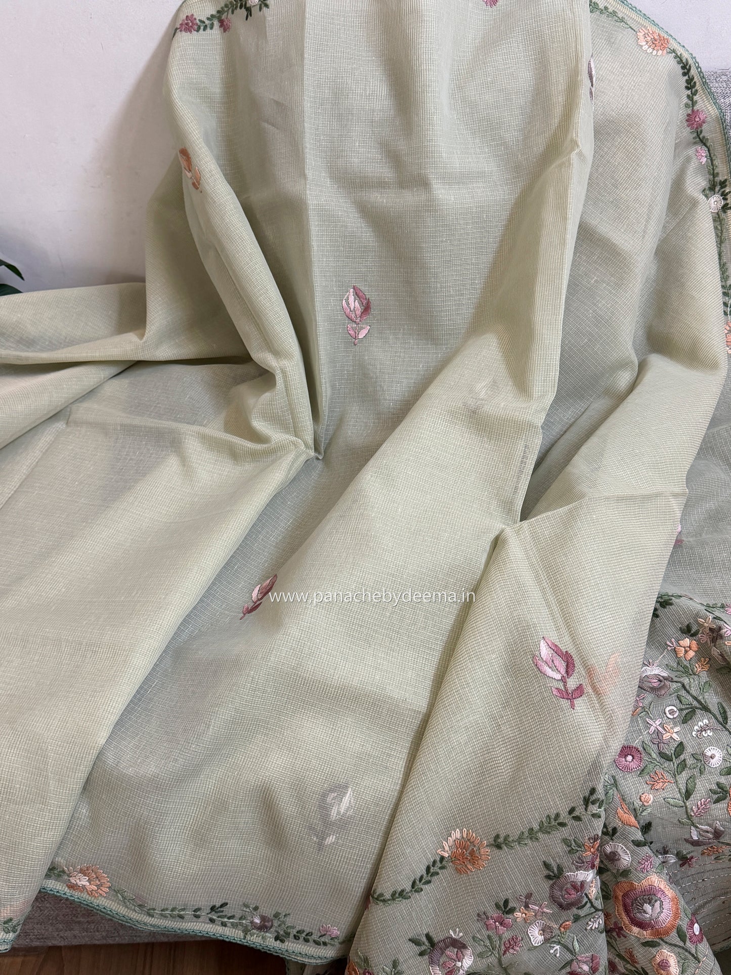 Linen kota saree with hand embroidery and lace edges | Green | LK4