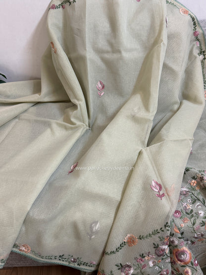 Linen kota saree with hand embroidery and lace edges | Green | LK4