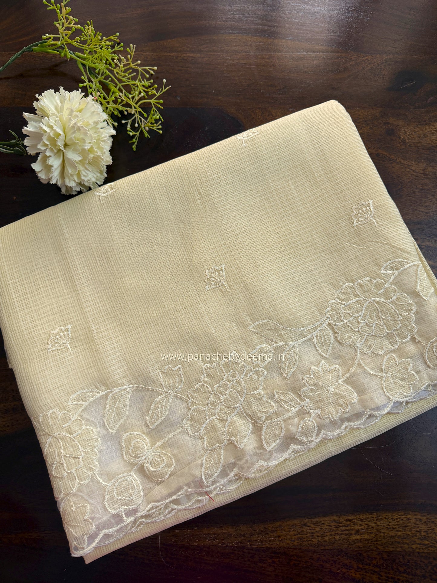 Silky Kota saree with applique work and scalloped borders | Butter yellow | AK1