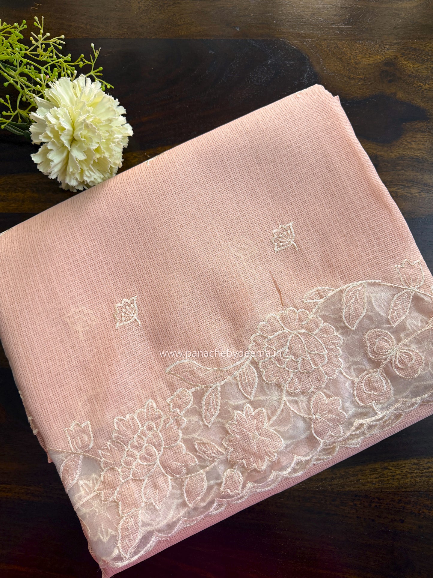Silky Kota saree with applique work and scalloped borders | Peach | AK3