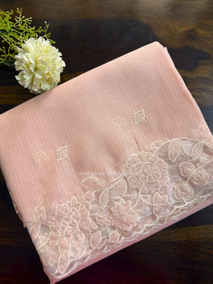 Silky Kota saree with applique work and scalloped borders | Peach | AK3
