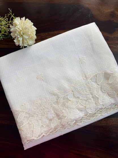 Silky Kota saree with applique work and scalloped borders | Off-White | AK2