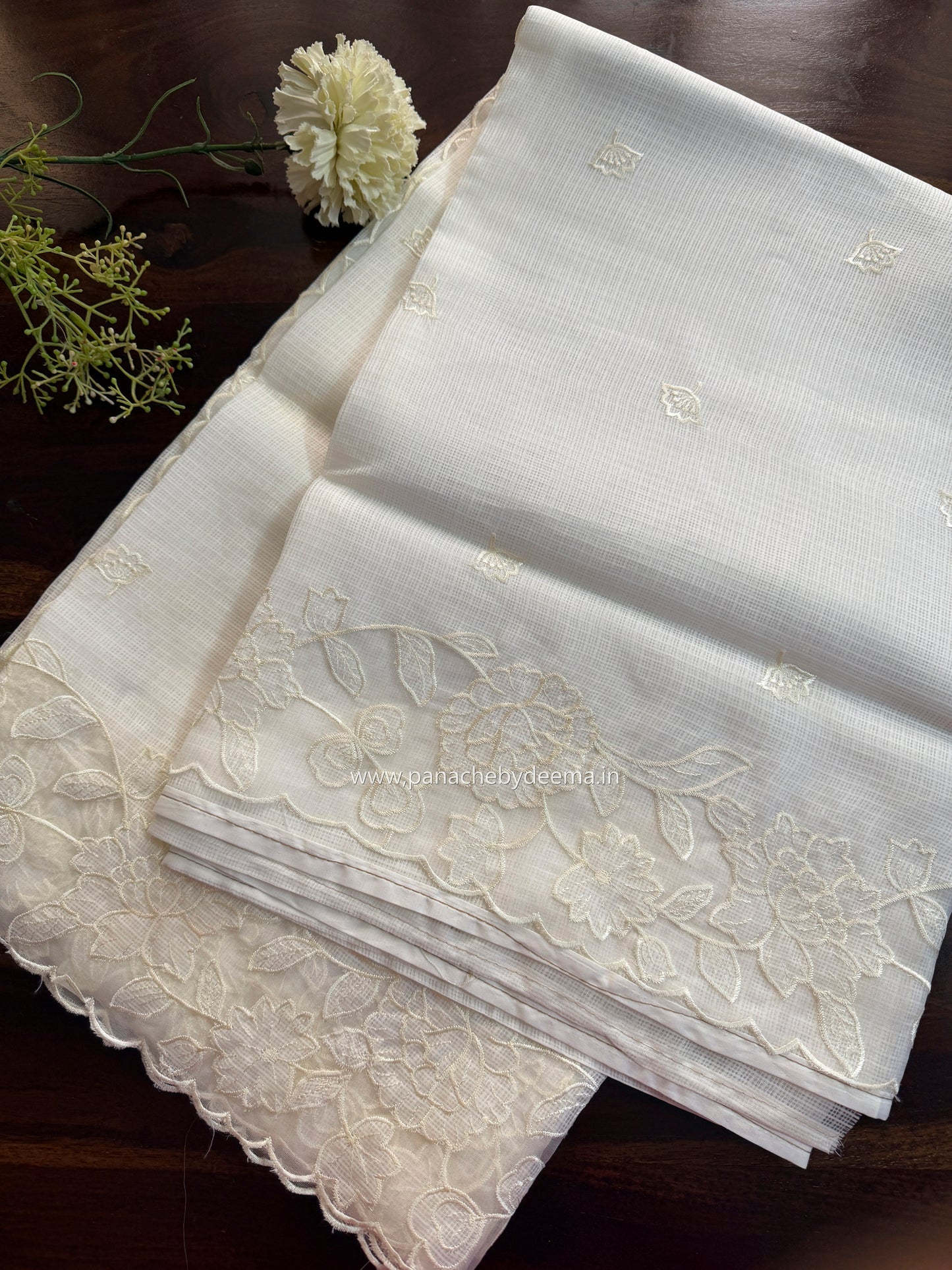 Silky Kota saree with applique work and scalloped borders | Off-White | AK2