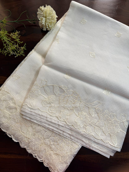 Silky Kota saree with applique work and scalloped borders | Off-White | AK2