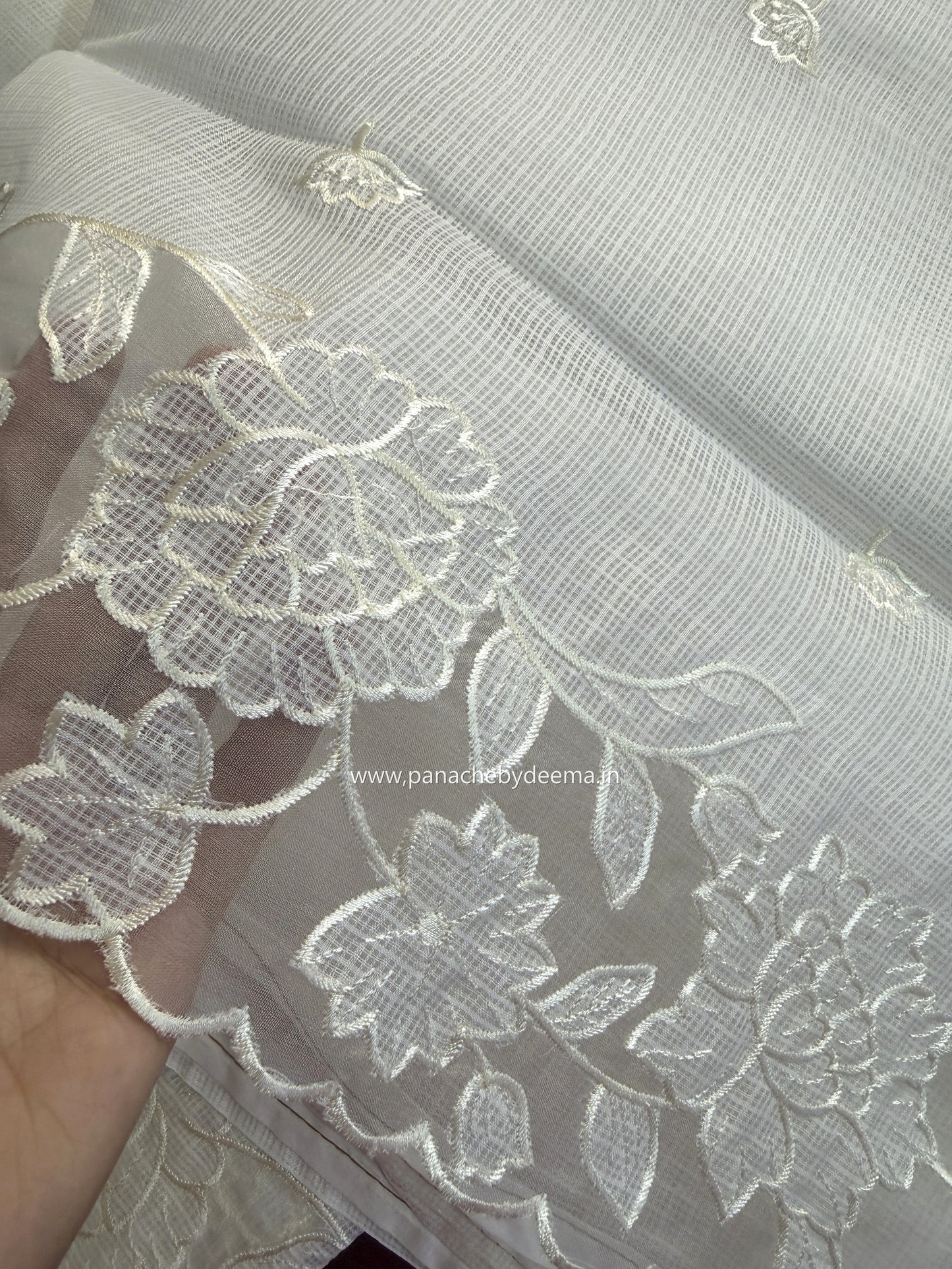 Silky Kota saree with applique work and scalloped borders | Off-White | AK2