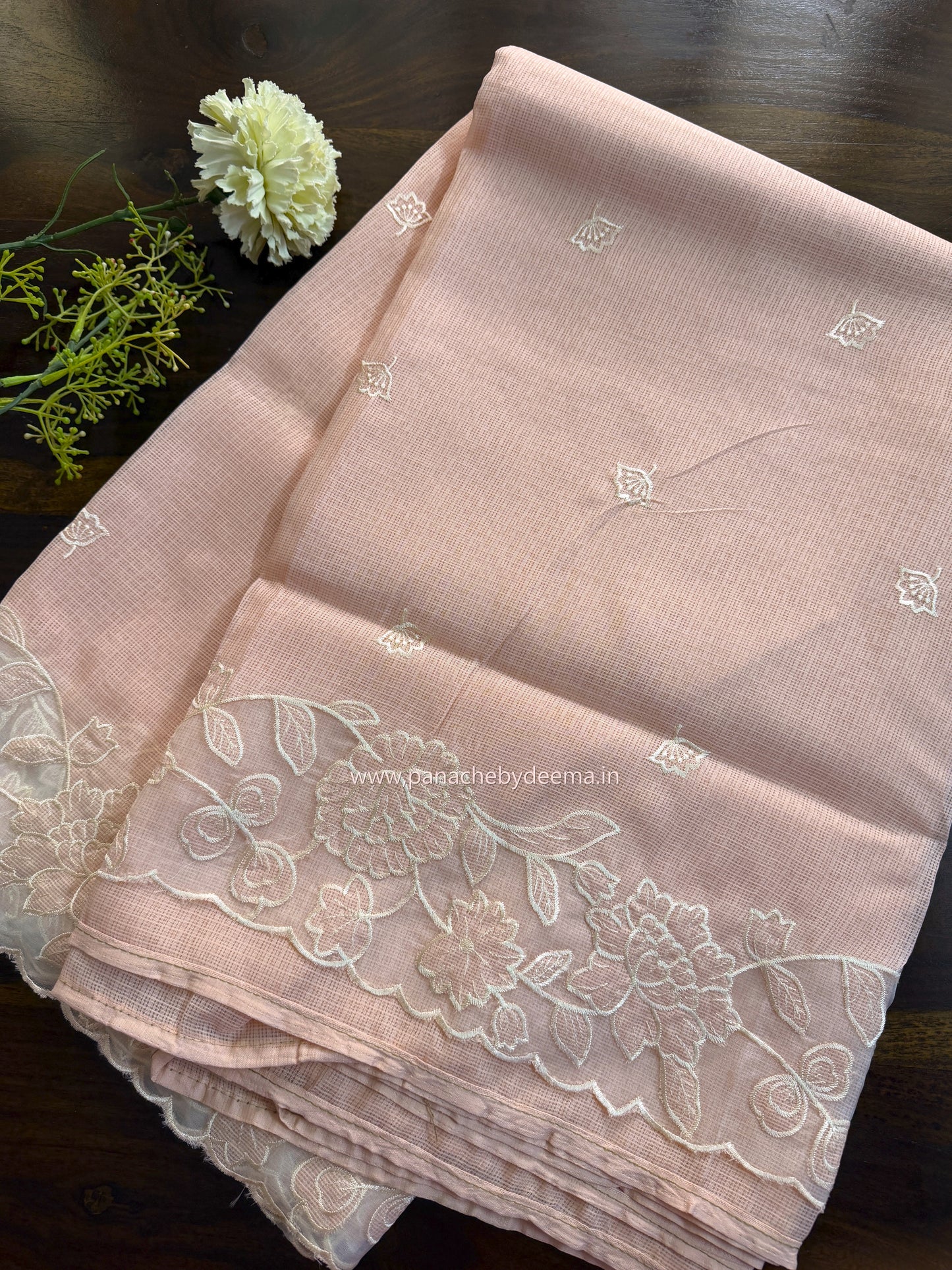 Silky Kota saree with applique work and scalloped borders | Peach | AK3