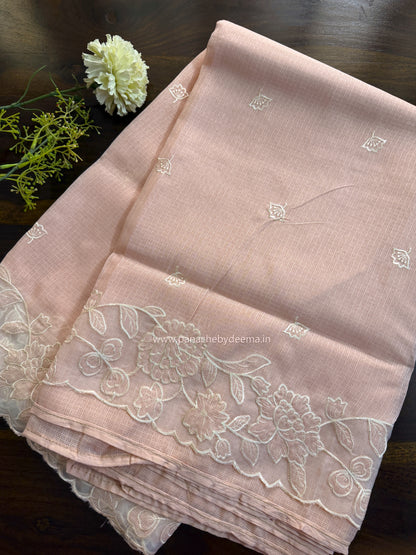 Silky Kota saree with applique work and scalloped borders | Peach | AK3