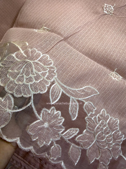 Silky Kota saree with applique work and scalloped borders | Peach | AK3