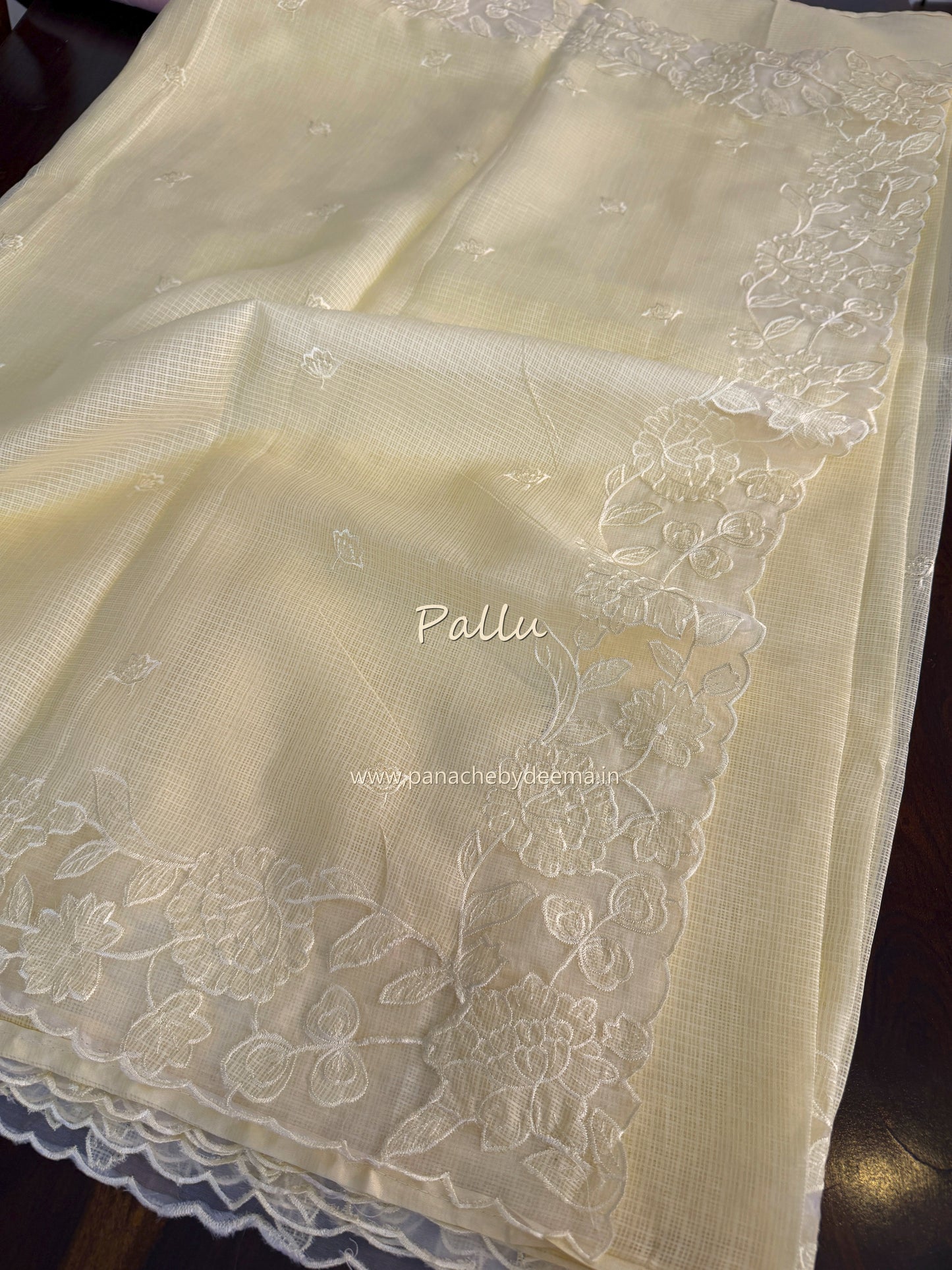 Silky Kota saree with applique work and scalloped borders | Butter yellow | AK1