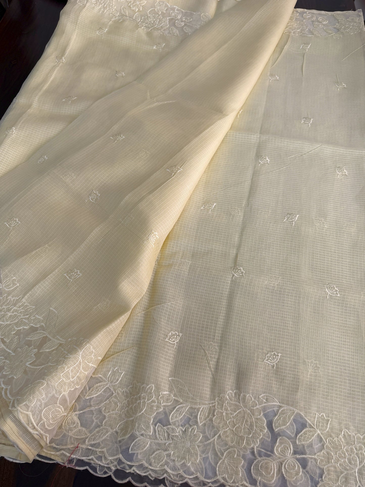 Silky Kota saree with applique work and scalloped borders | Butter yellow | AK1