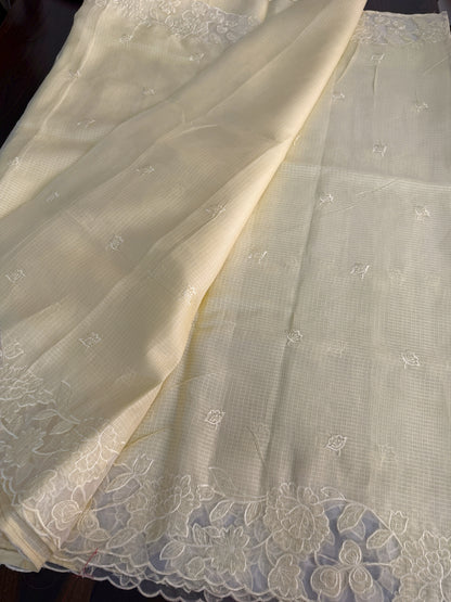 Silky Kota saree with applique work and scalloped borders | Butter yellow | AK1