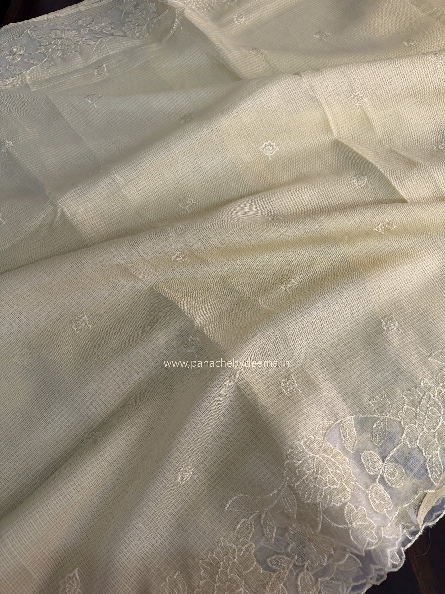 Silky Kota saree with applique work and scalloped borders | Butter yellow | AK1