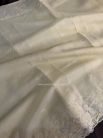 Silky Kota saree with applique work and scalloped borders | Butter yellow | AK1