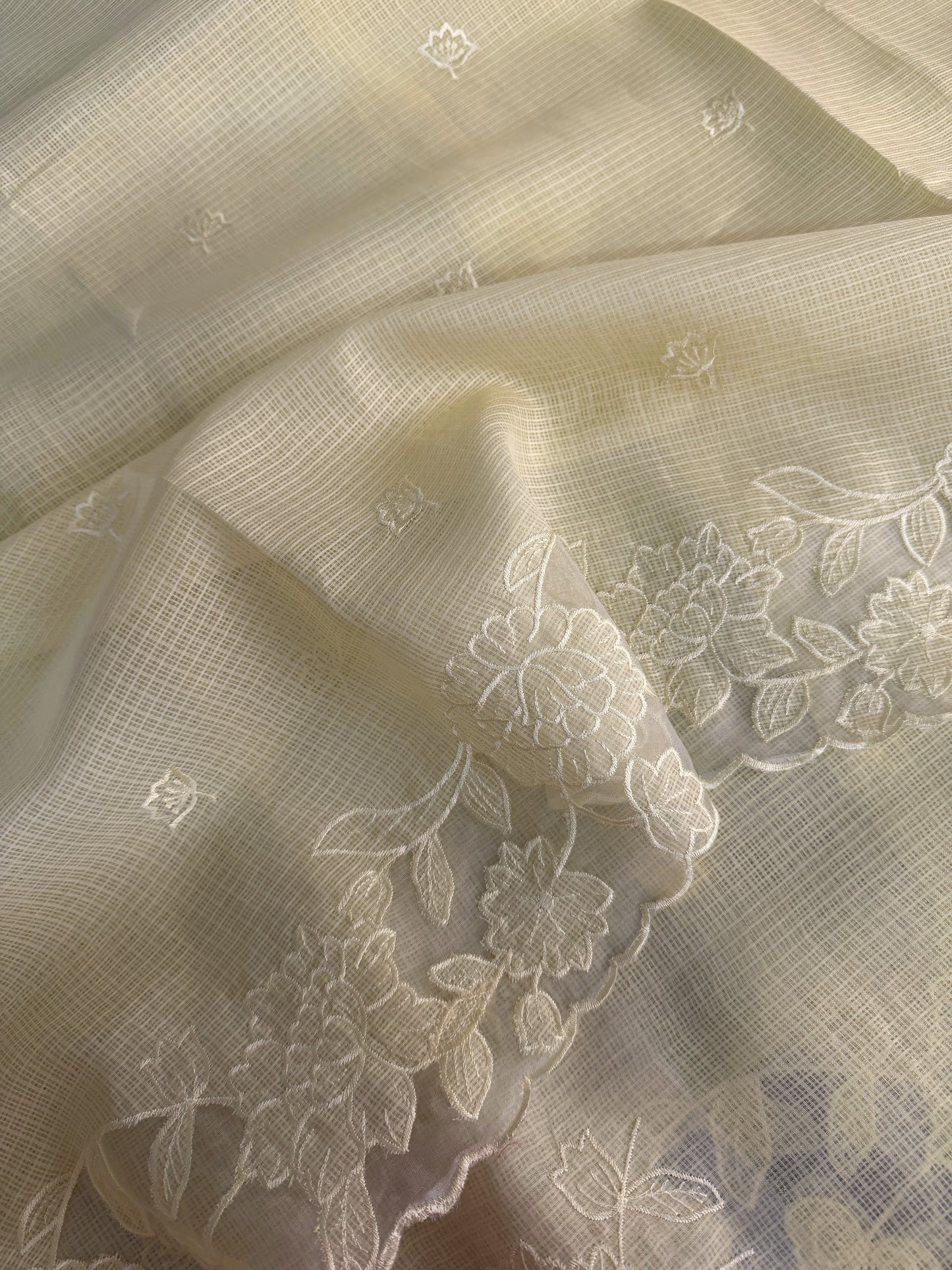 Silky Kota saree with applique work and scalloped borders | Butter yellow | AK1