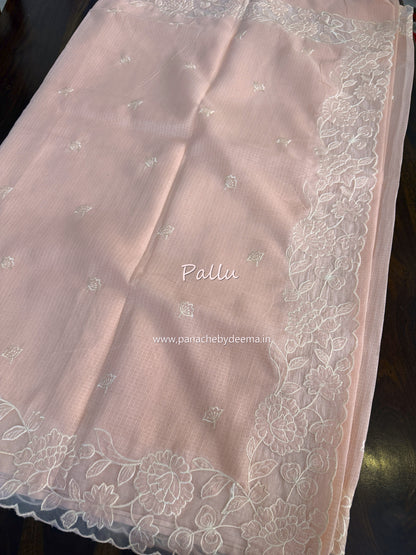 Silky Kota saree with applique work and scalloped borders | Peach | AK3