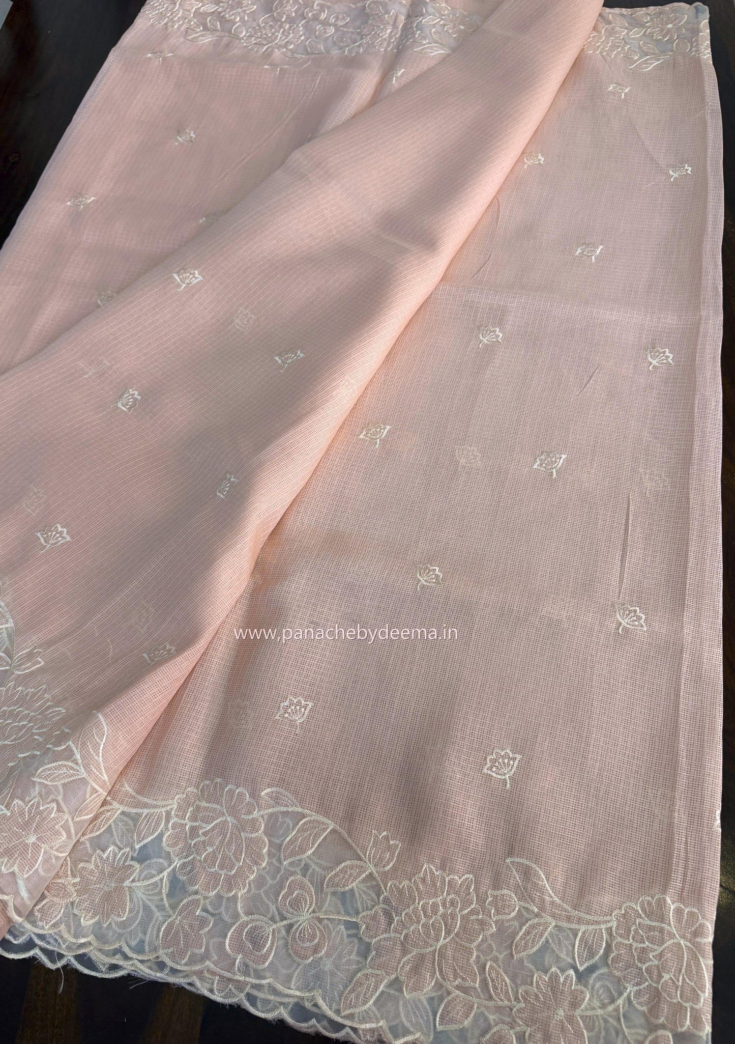 Silky Kota saree with applique work and scalloped borders | Peach | AK3
