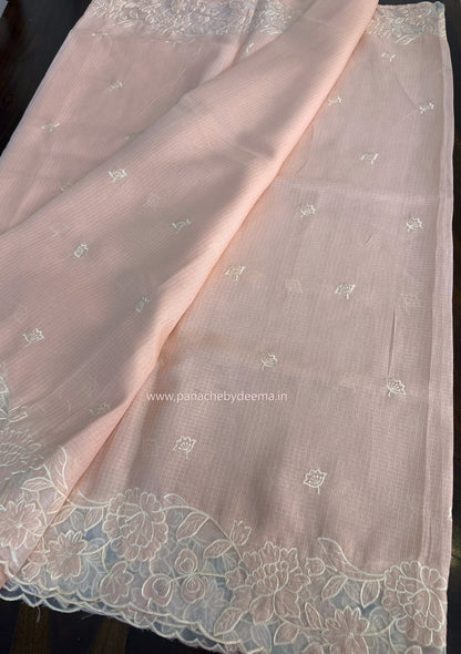 Silky Kota saree with applique work and scalloped borders | Peach | AK3