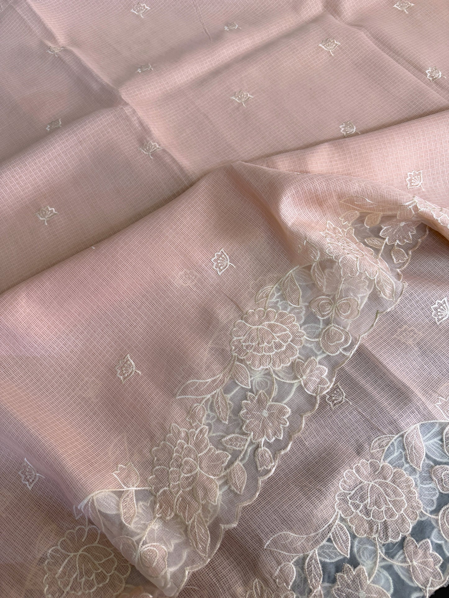 Silky Kota saree with applique work and scalloped borders | Peach | AK3