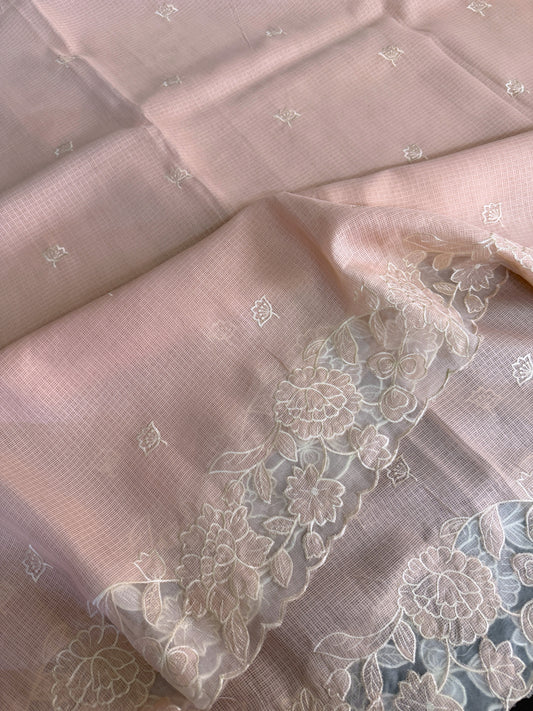 Silky Kota saree with applique work and scalloped borders | Peach | AK3