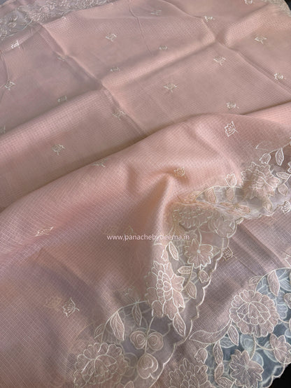 Silky Kota saree with applique work and scalloped borders | Peach | AK3