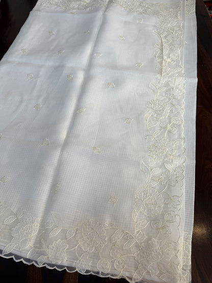 Silky Kota saree with applique work and scalloped borders | Off-White | AK2