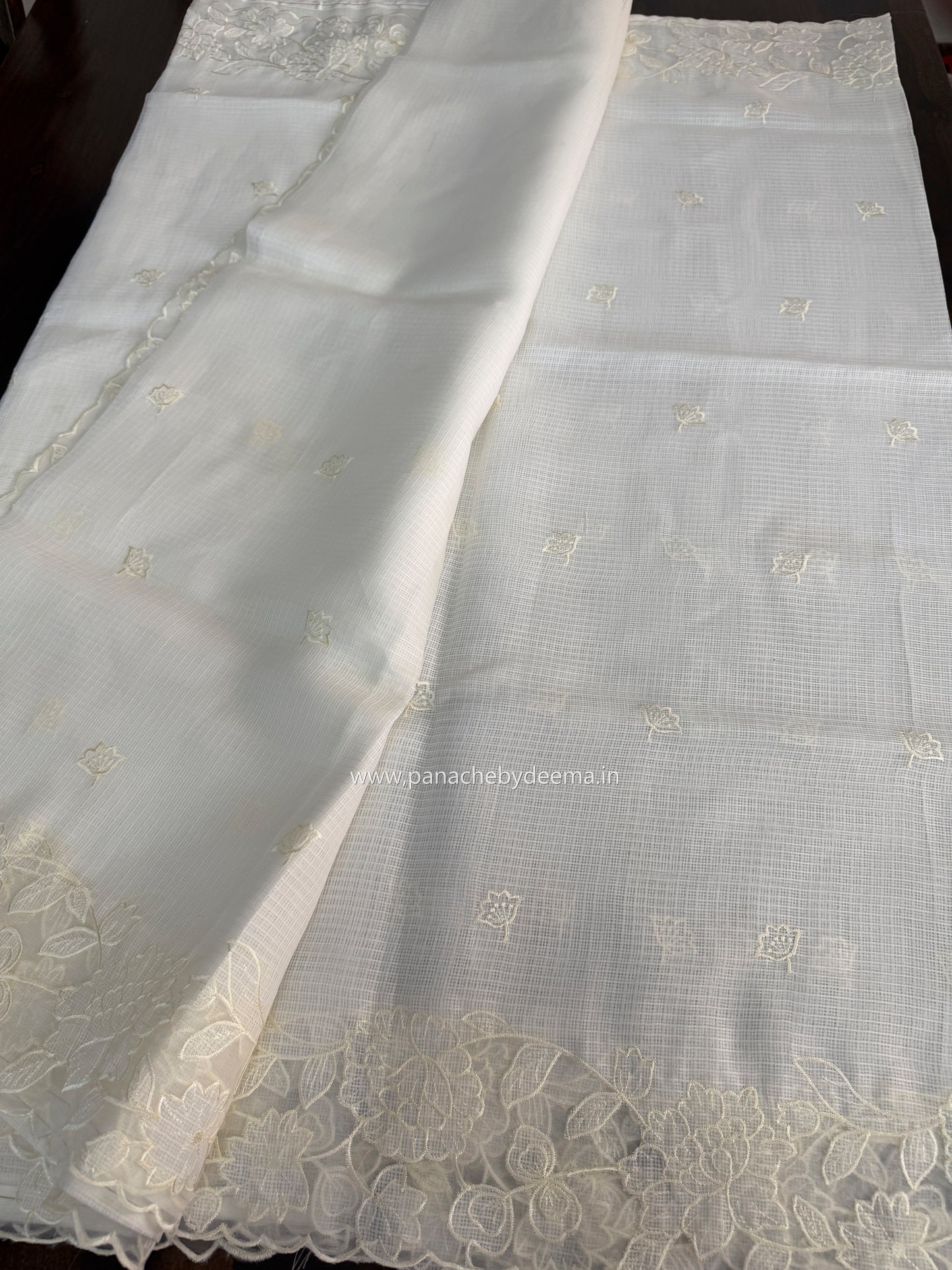 Silky Kota saree with applique work and scalloped borders | Off-White | AK2