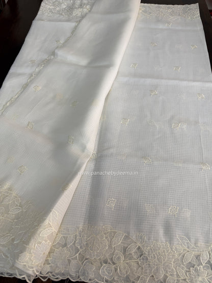 Silky Kota saree with applique work and scalloped borders | Off-White | AK2