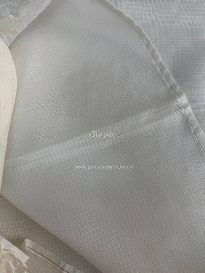 Silky Kota saree with applique work and scalloped borders | Off-White | AK2