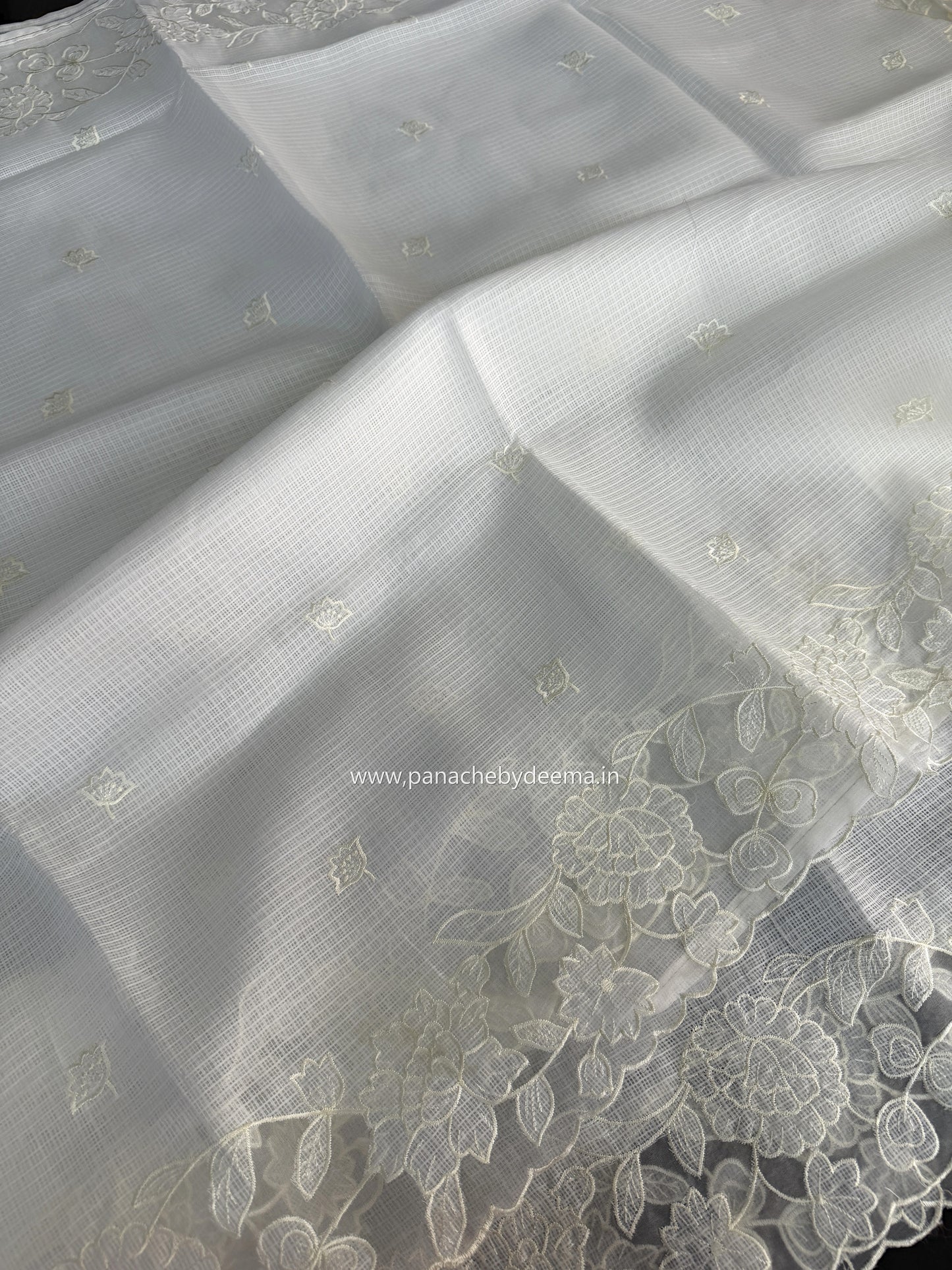 Silky Kota saree with applique work and scalloped borders | Off-White | AK2
