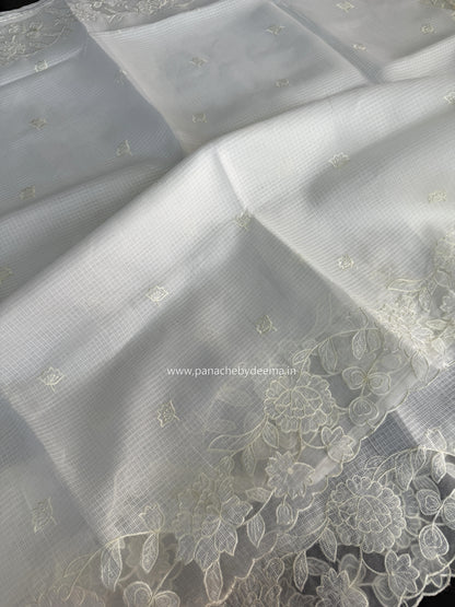 Silky Kota saree with applique work and scalloped borders | Off-White | AK2