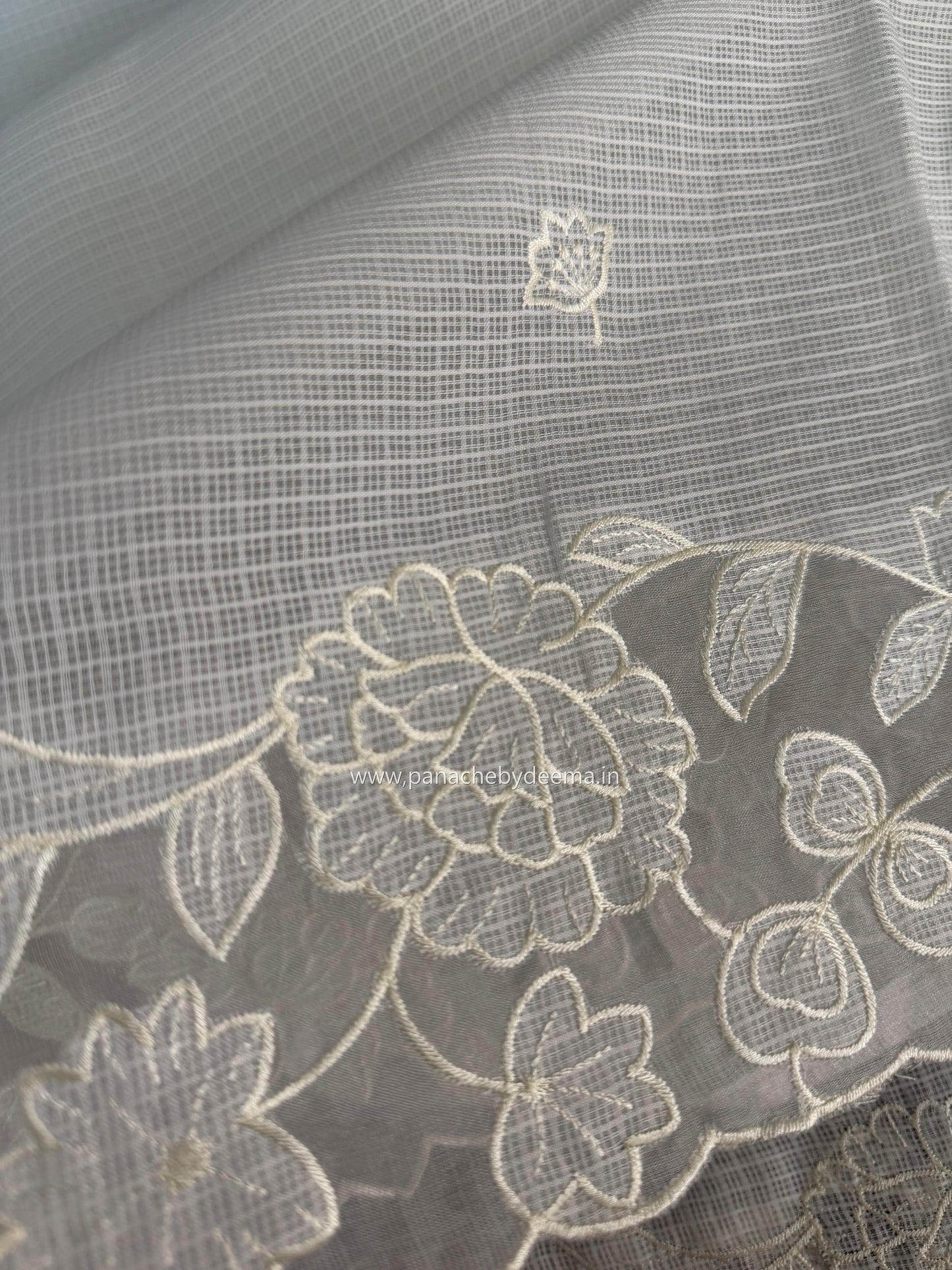Silky Kota saree with applique work and scalloped borders | Off-White | AK2