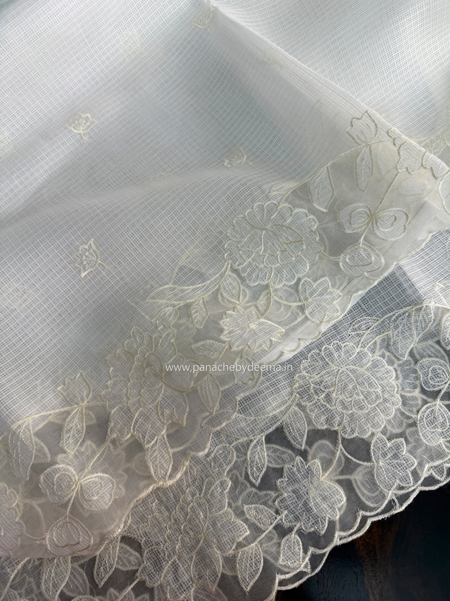 Silky Kota saree with applique work and scalloped borders | Off-White | AK2