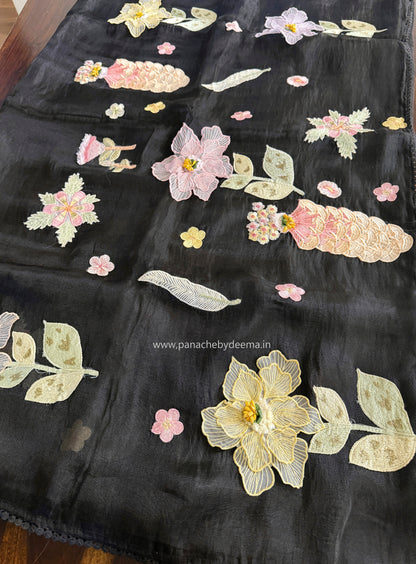 Tissue Organza saree with 3D applique work and lace detailed borders|Black | BA1