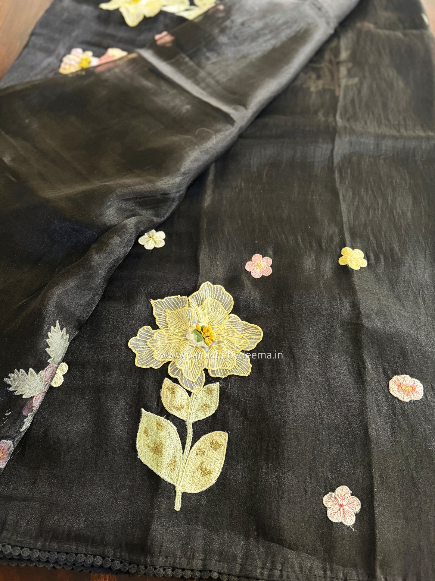 Tissue Organza saree with 3D applique work and lace detailed borders|Black | BA1