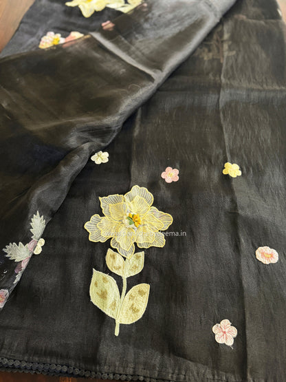 Tissue Organza saree with 3D applique work and lace detailed borders|Black | BA1