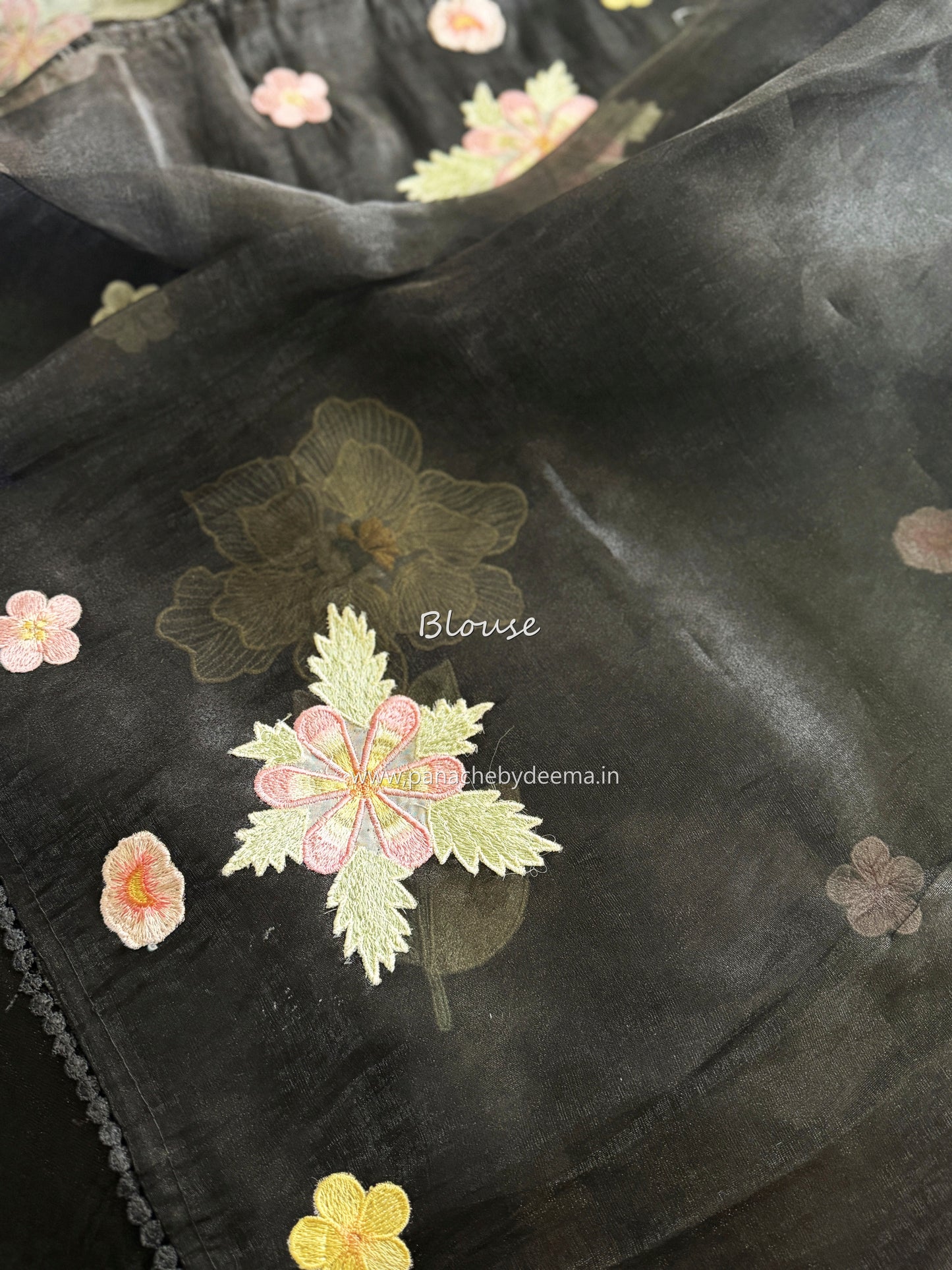 Tissue Organza saree with 3D applique work and lace detailed borders|Black | BA1
