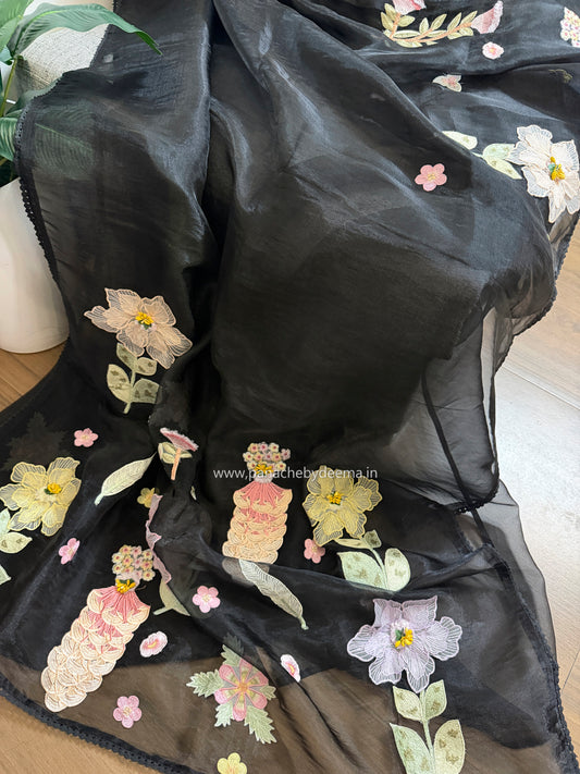 Tissue Organza saree with 3D applique work and lace detailed borders|Black | BA1