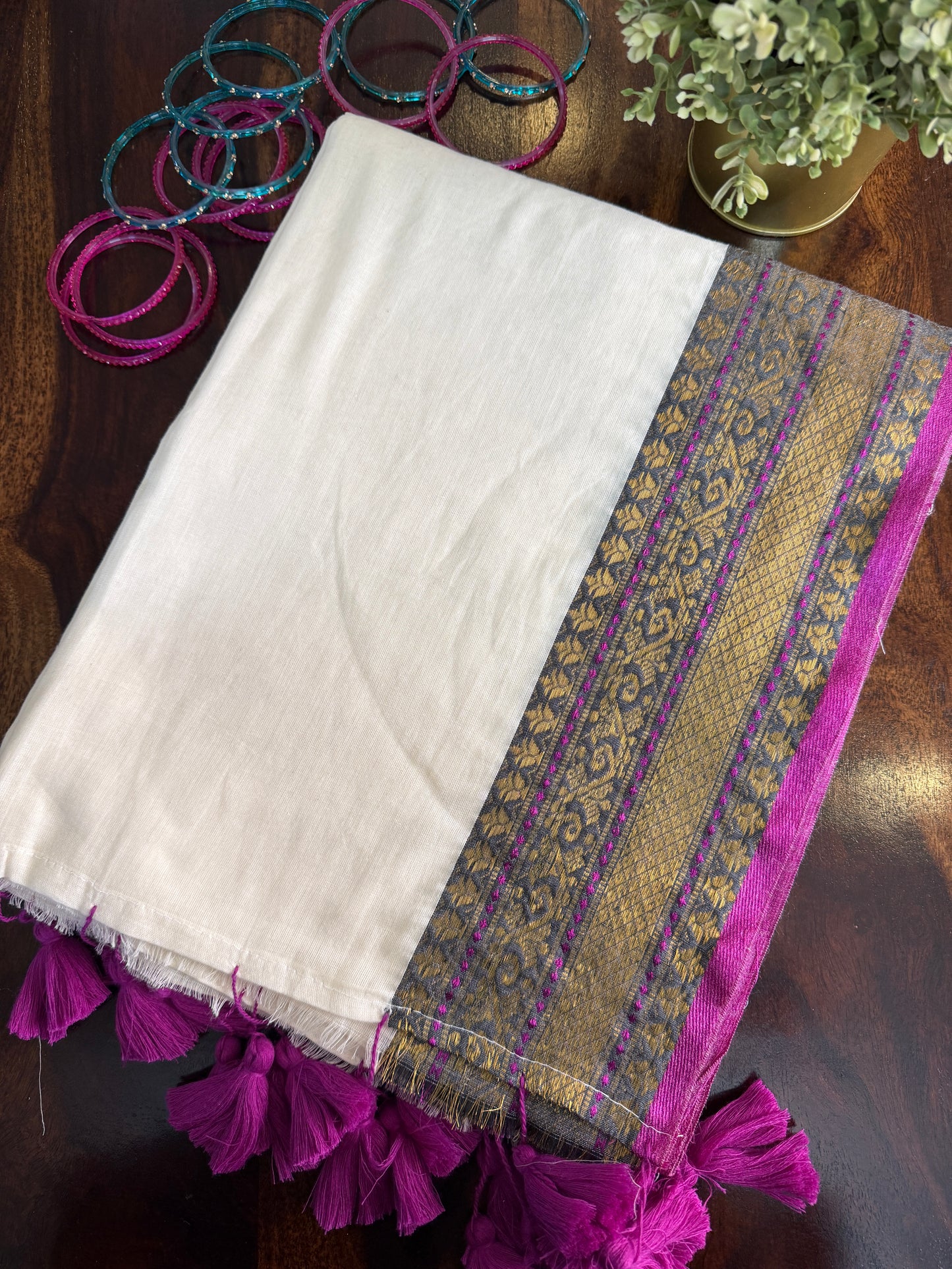 Mulmul cotton saree with purple borders |OKM1