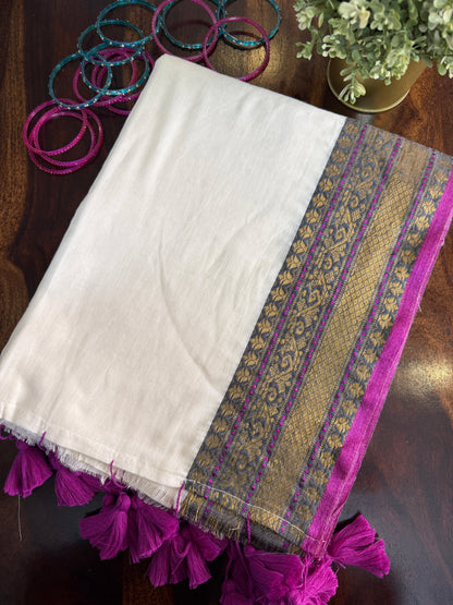 Mulmul cotton saree with purple borders |OKM1