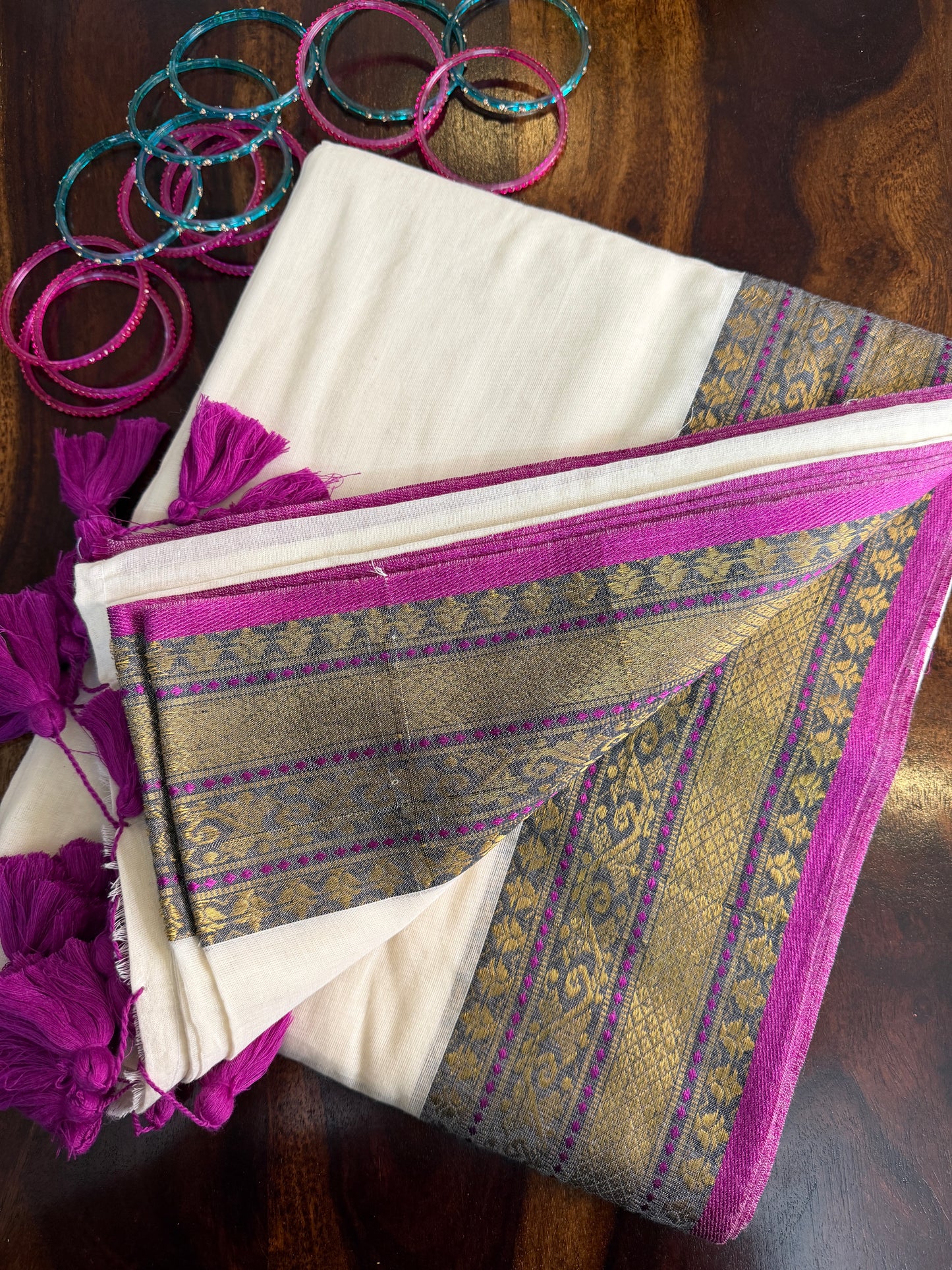 Mulmul cotton saree with purple borders |OKM1