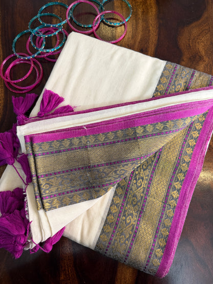 Mulmul cotton saree with purple borders |OKM1