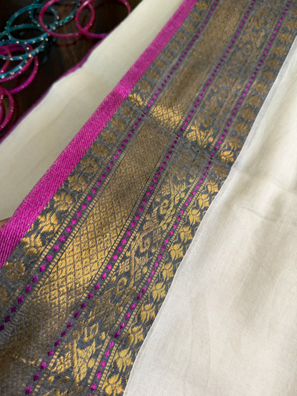 Mulmul cotton saree with purple borders |OKM1