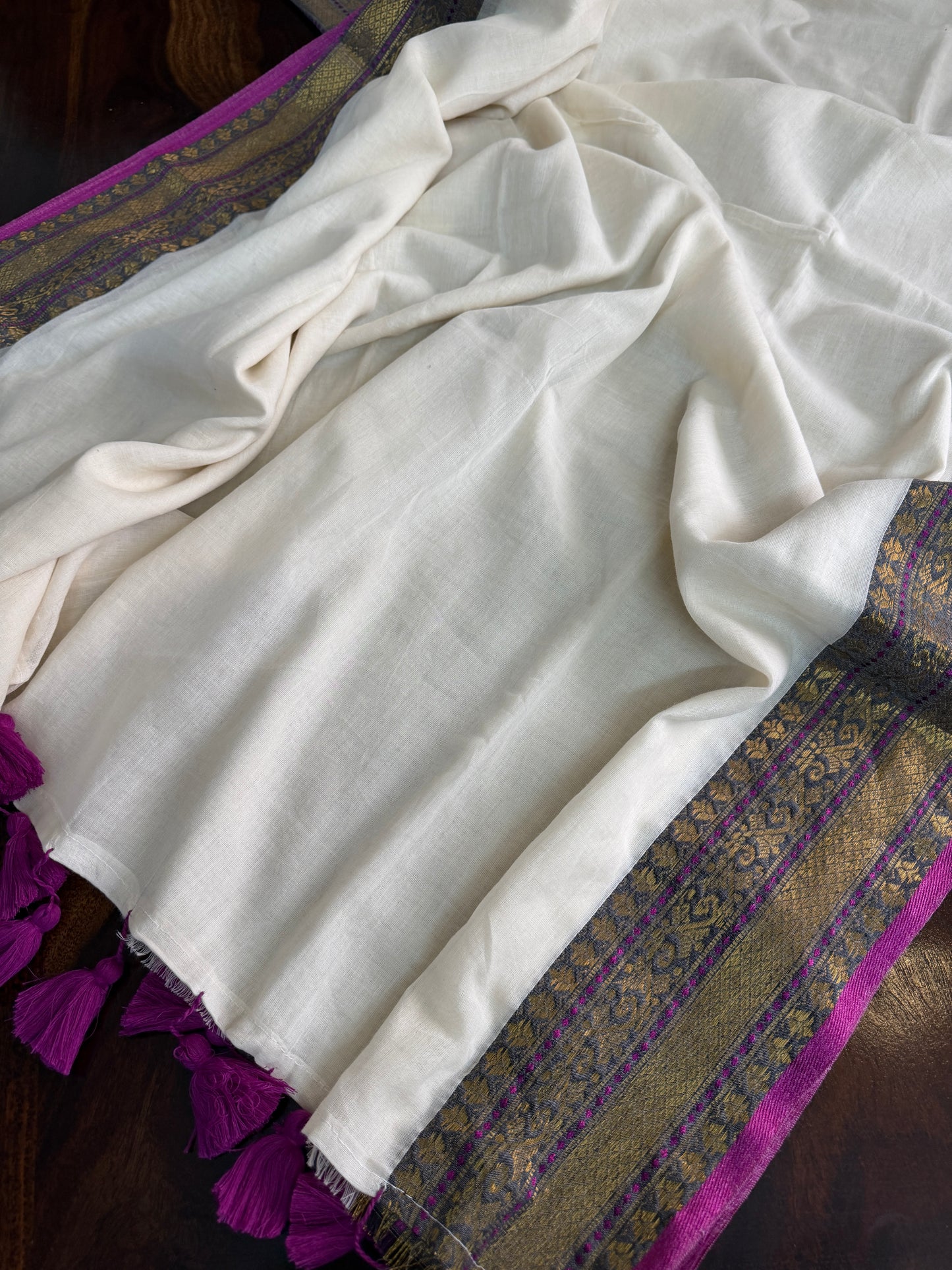 Mulmul cotton saree with purple borders |OKM1