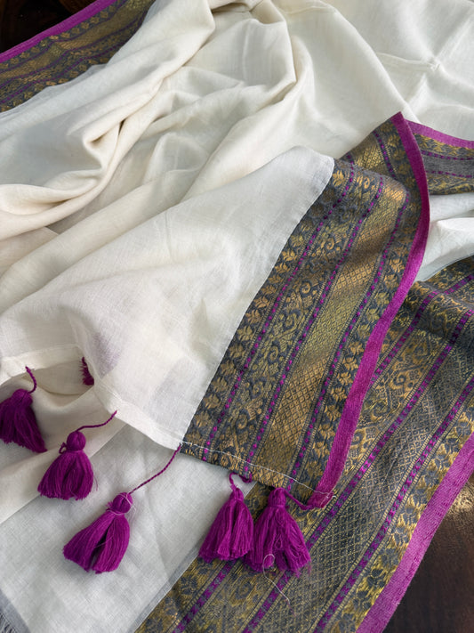 Mulmul cotton saree with purple borders |OKM1